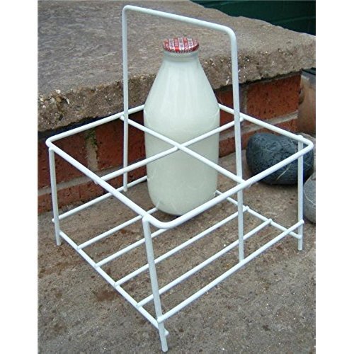 Bottle of milk in a plastic coated metal bottle carrier.