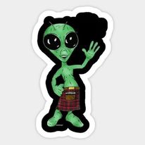 Copy of a sticker for Alien Paratalkradio - sold by Tedwolfe. Depcts a little green alien dressed in a kilt.