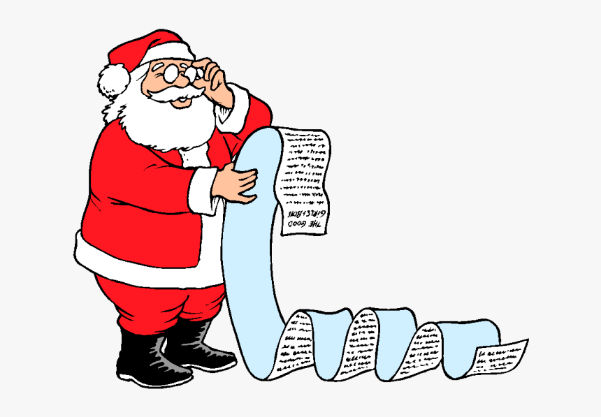 Cartoon image of Santa Claus with a Christmas list.