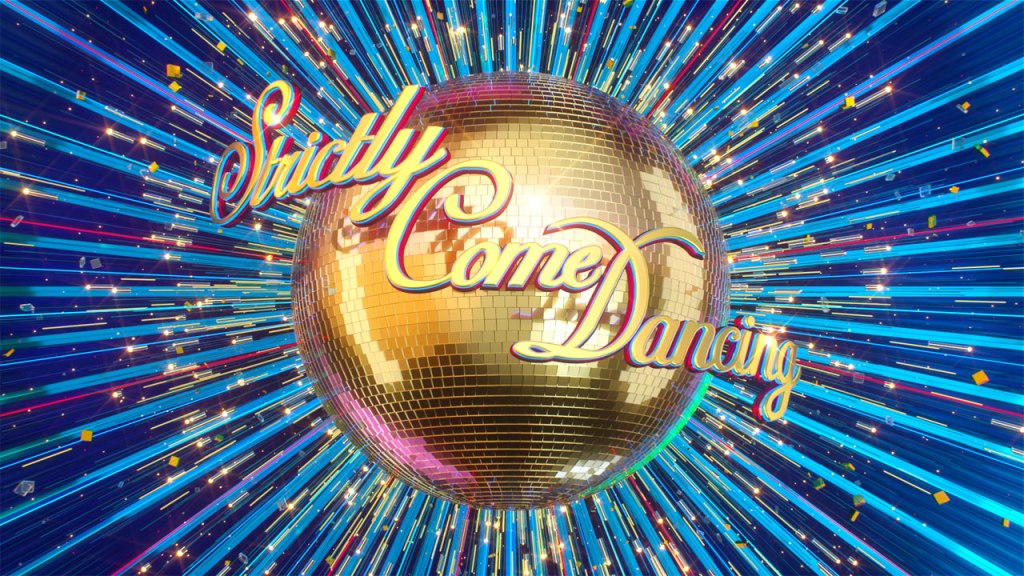 Logo for TV Series, Strictly Come Dancing. ... Gold glitterball on broadly blue background.

