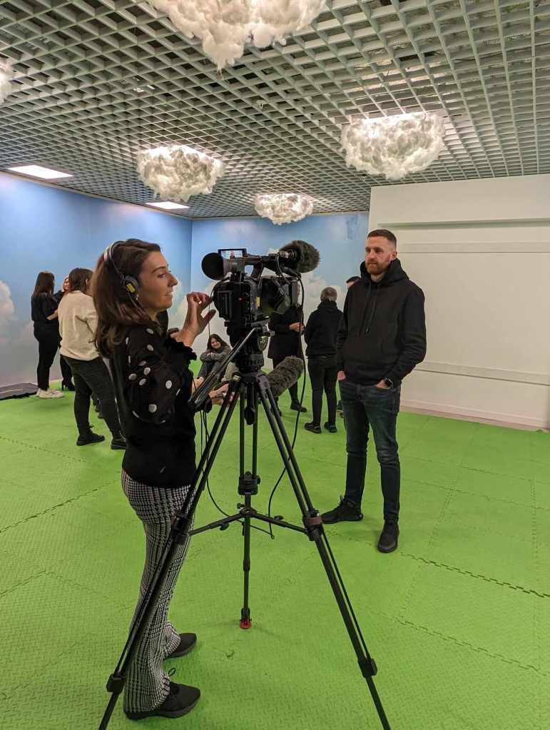STV News presenter Courtney Cameron had to man the camera today while recording the feature on Kyle's fundraising efforts. Pic of Courtney filming and interviewing Kyle.