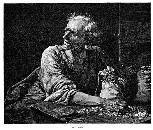 Vintage engraving of a greedy old man  (minus his cap and fingerless gloves) counting his money. (Pic credit: duncan 1890)