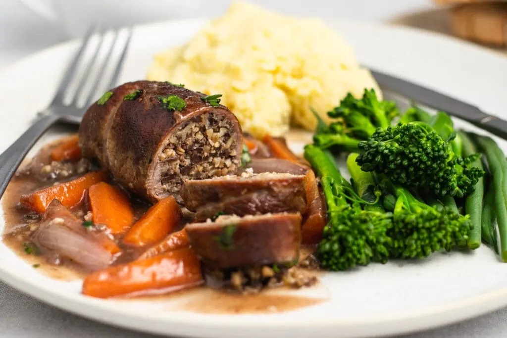 Plate of food - beef olives, broccoli, carrots and potato