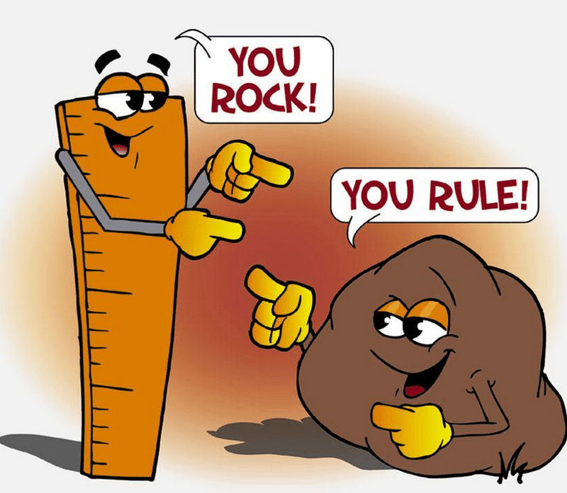 Cartoon image of a ruler pointing at a rock and saying"You Rock!" The rock os pointing back at the ruler and saying "You Rule!"