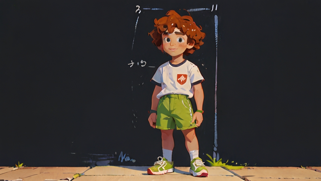 Cartoon / Anime image of a young boy in white t-shirt and green shorts, standing against a wall with chalk marks measuring his height