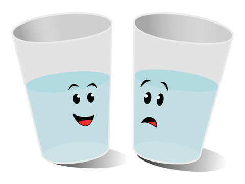 Cartoon image of two half filled glasses. One with smiley face, the other looking worried.
