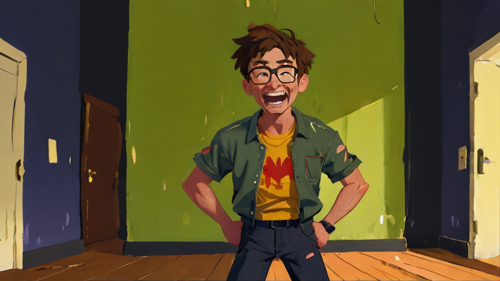 Cartoon / anime image of man with glasses standing in empty room, wearing jeans and yellow T shirt with a short-sleeved open button shirt on top. Hands on his sides, he is obviously laughing.