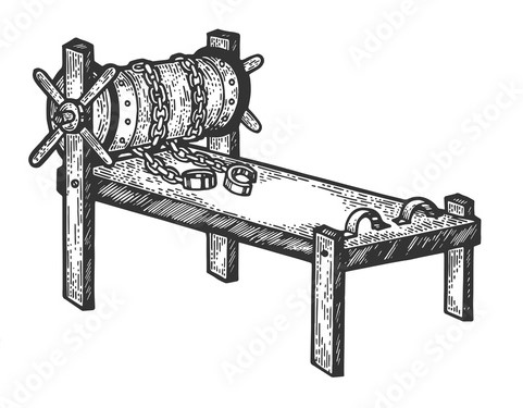 Black & white sketch of a medieval torture (stretching) rack.