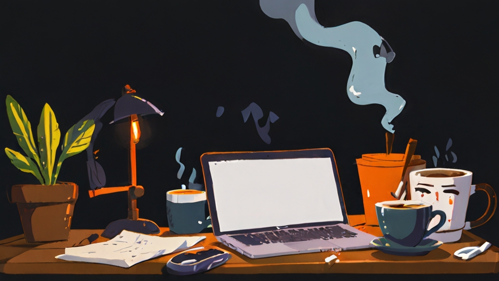 AI drawing of a desk with houseplant, laptop and steaming mug of coffee.