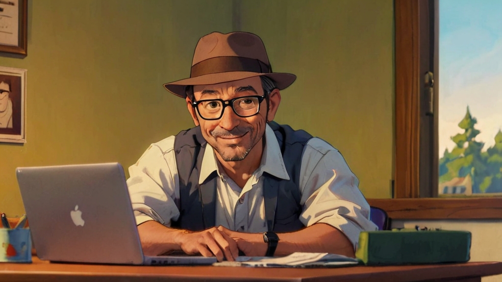 Cartoon / anime image of middle aged man with open-necked shirt and wearing glasses and a fedora hat, is sat at a desk on which the is an open Apple laptop.