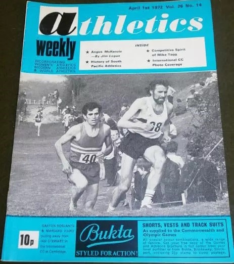 An edition of Athletics Weekly magazine from 1972, blue top and bottom borders with b/w image of cross country runners running uphill.