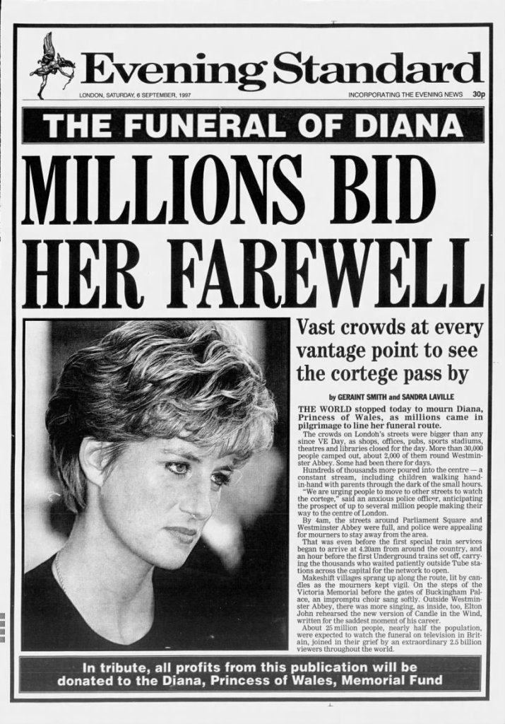 Front page of the London based newspaper, The Evening Standard, showing a picture of Princess Diana and announcing her funeral.