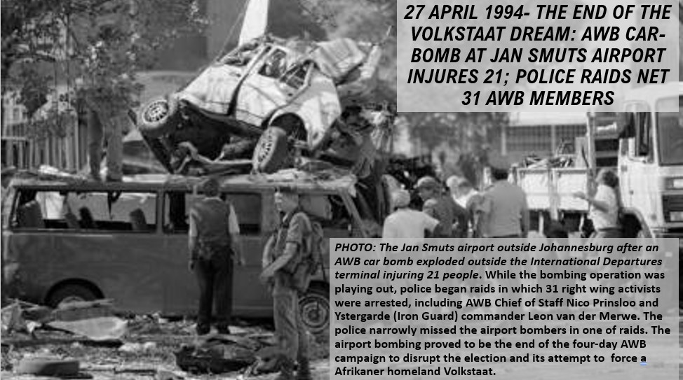 Newspaper cutting showing a bomb blasted car being lifted from the roadside at Jan Smuts airport in Johannesburg - 27th April 1994
