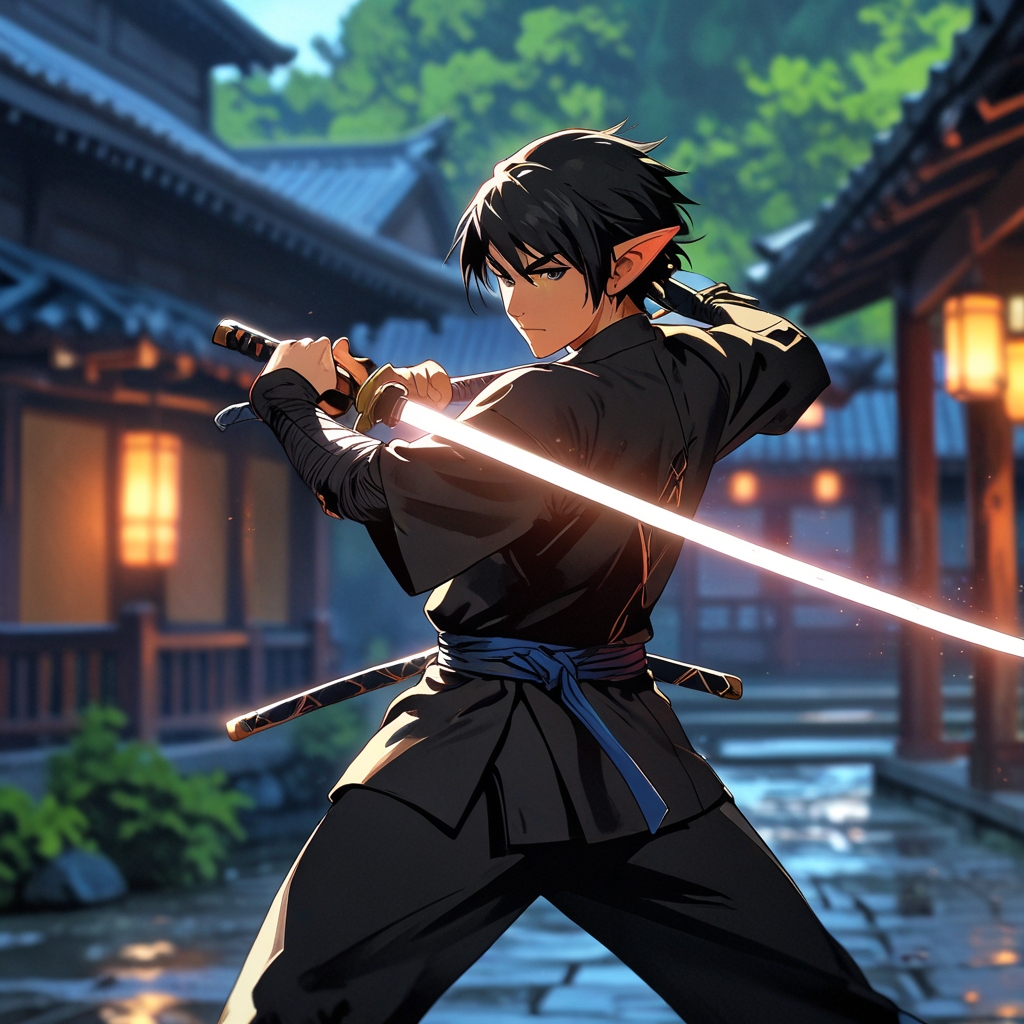 Anime cartoon of an elf dressed ain black and swiping a sword like a ninja.