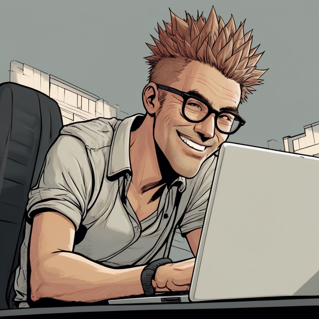 Cartoon image of a man with spiky hair and wearing glasses and a grey shirt, working on laptop and looking very content with himself.