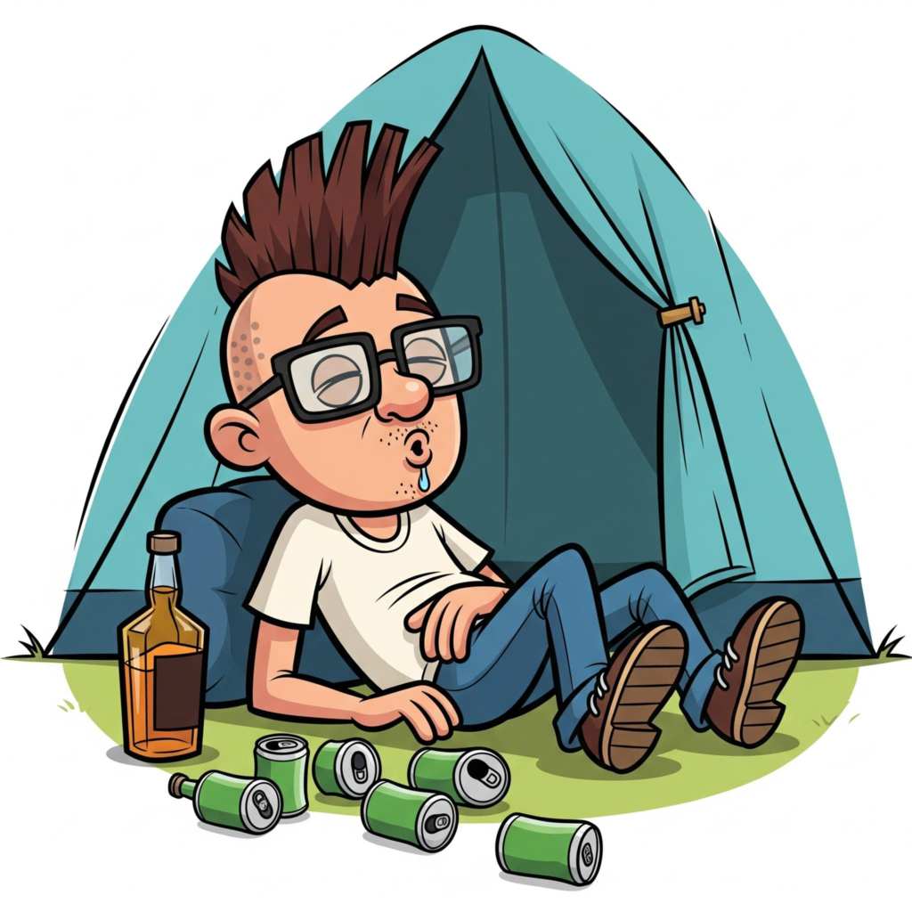 Cartoon image of a man with a mohawk hairstyle and wearing glasses, lying in a tent, looking drunk. A bottle of whisky and several empty beer cans lie beside him.